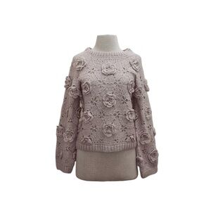 Anthropologie Current Air Ivory Cottage Core 3D Floral Crochet Sweater Size M/L